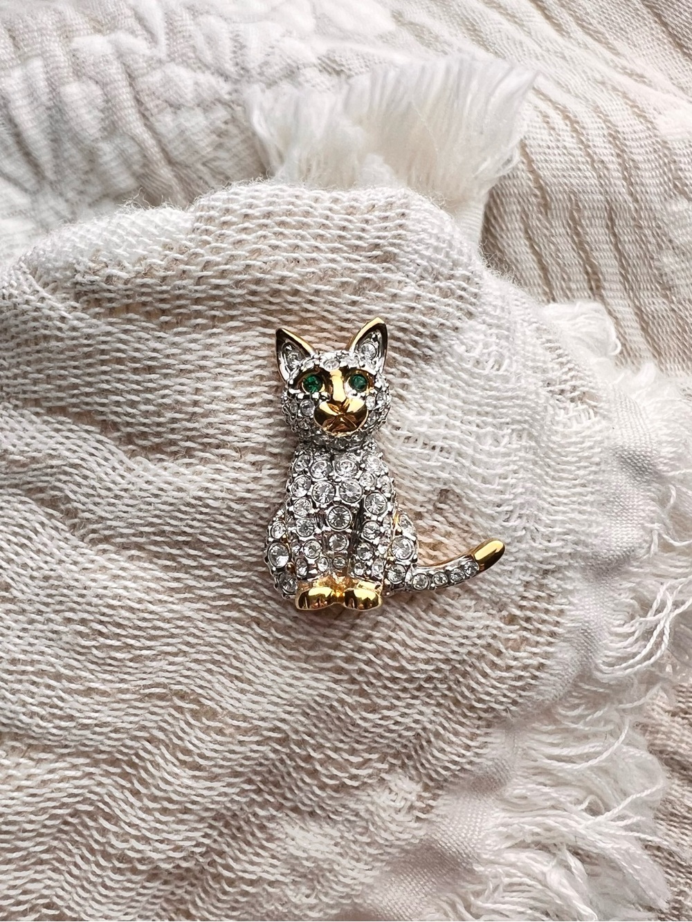 SWAROVSKI Vintage Pave Silver and Gold Crystal Cat Pin Brooch